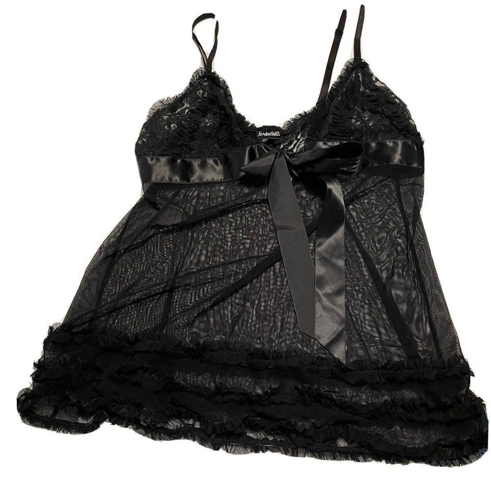 FREDERICK'S of HOLLYWOOD Black  SIZE Large BABYDOLL NIGHTGOWN Ruffle Shear READ